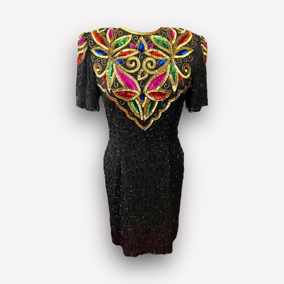 VINTAGE STENAY 1990s SILK AND SEQUIN BEADED BLACK COCKTAIL DRESS SIZE ME… - Picture 8 of 14